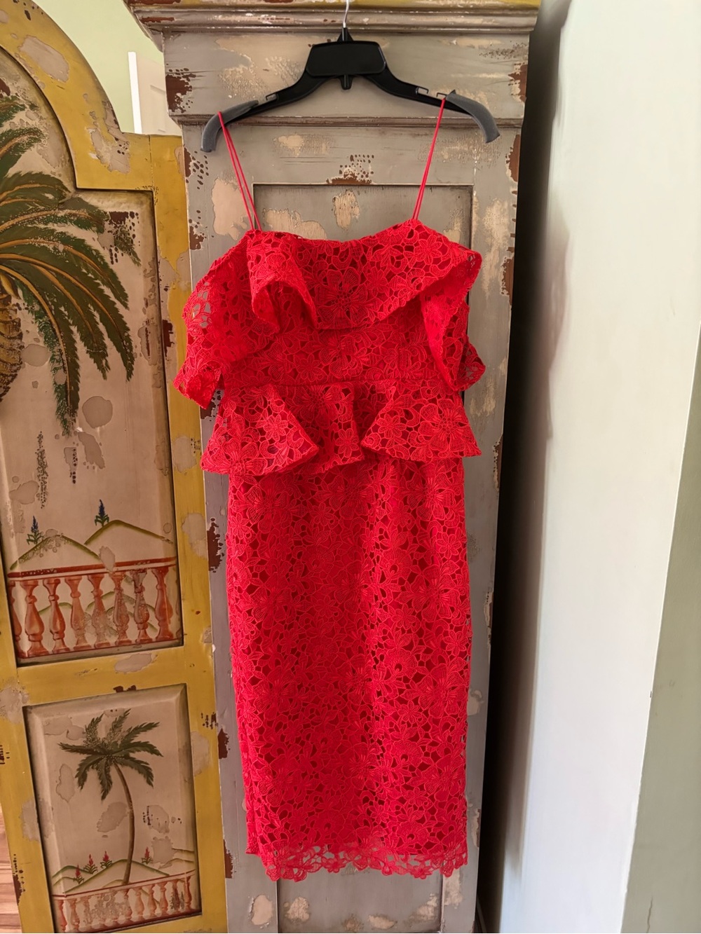 Red Lace Ruffled Spaghetti-Strap Dress
